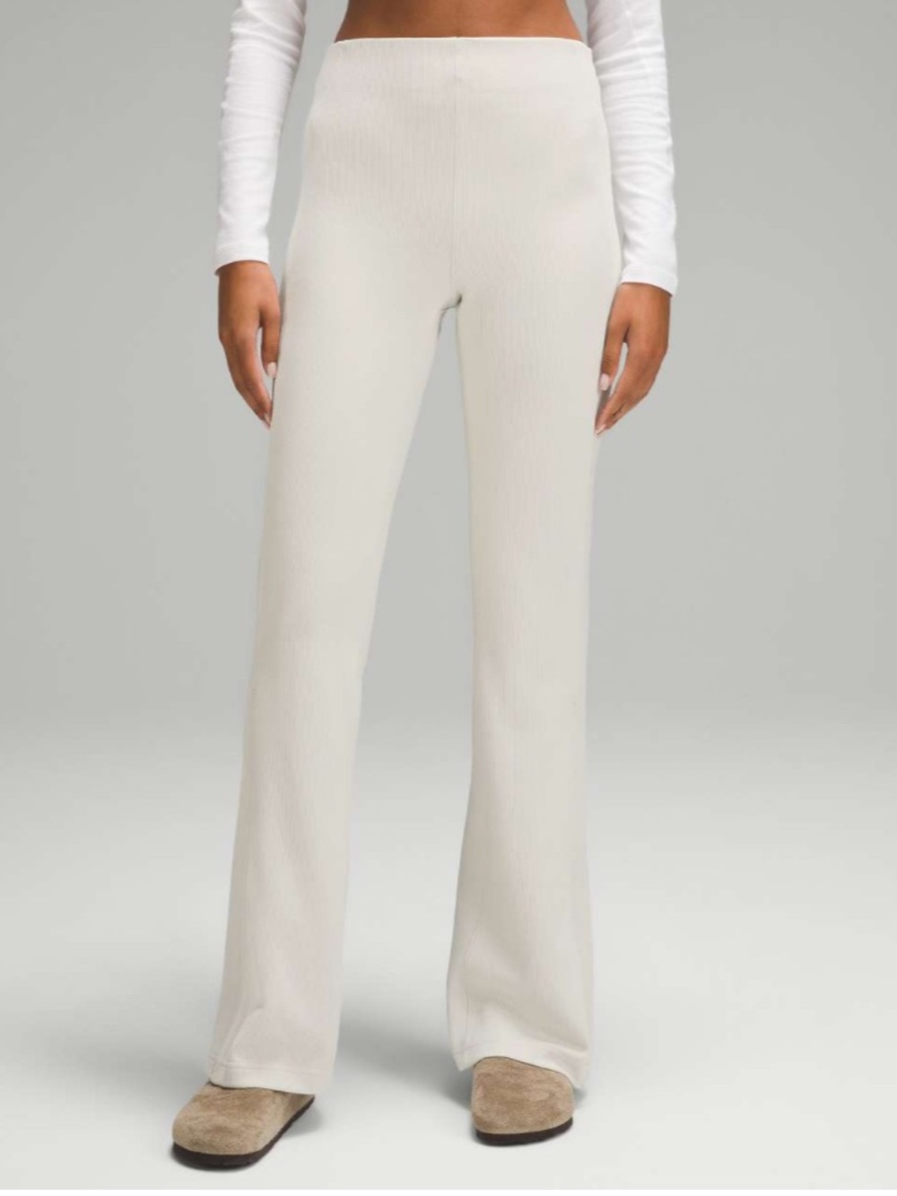 Lululemon size 14 Brushed Softstreme Ribbed Zip Flared Pants 32.5" Bone